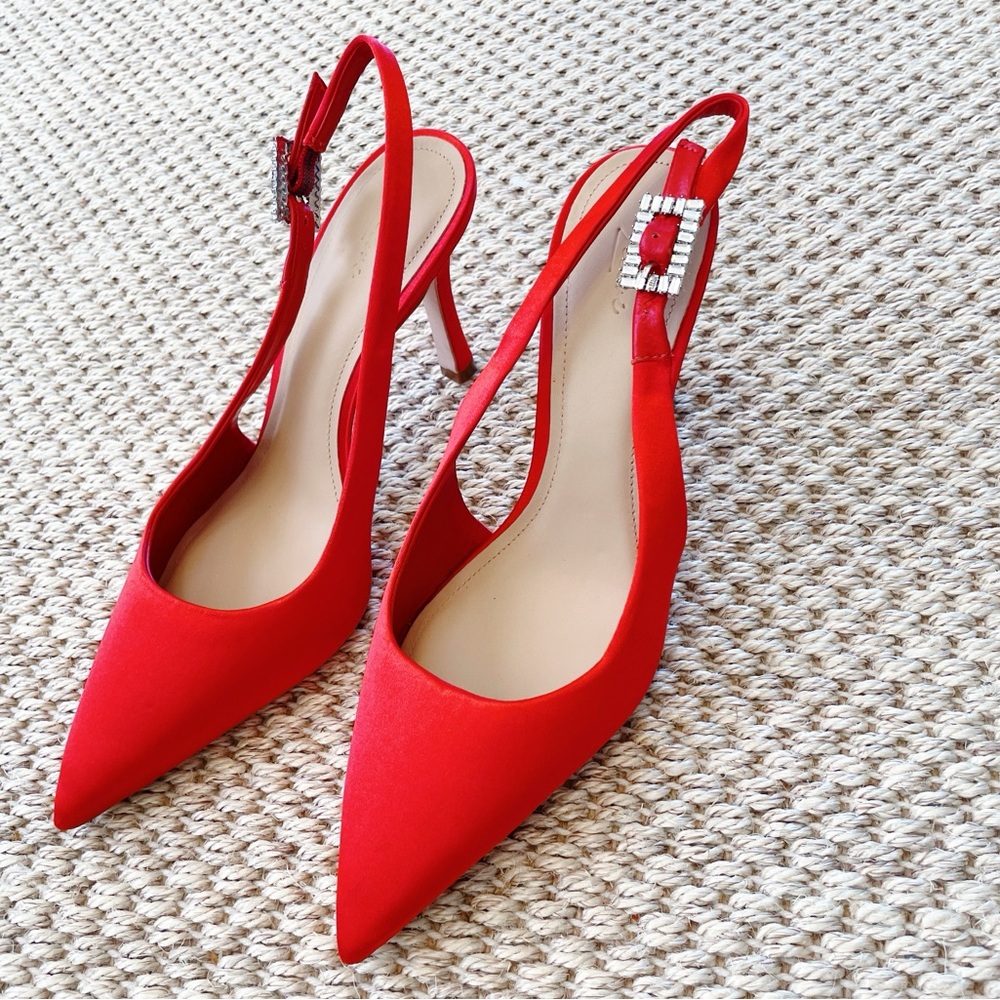 NEW Eleven22 Red Satin Slingback Heels Rhinestone Buckle Size 7 - saks fifth ave - Picture 2 of 8